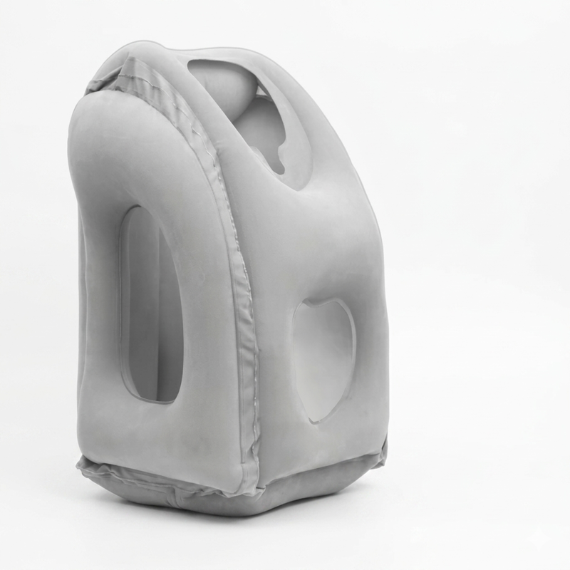 A clean, three-quarter angle product shot of the Alphinea inflatable air pillow in a soft grey color. The image showcases the skin-safe, breathable fabric and structural neck support designed to keep the airway open during upright travel.