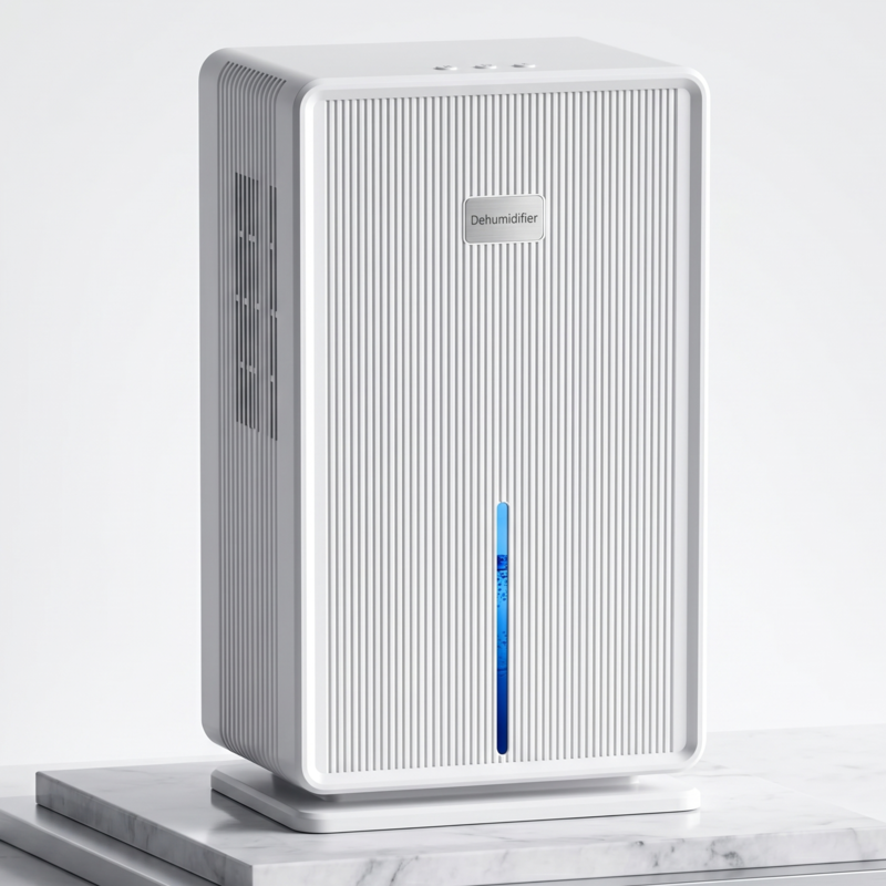 Front view of the white Alphinea high-performance compressor dehumidifier, showcasing its sleek ribbed design, active mold eradication technology, and blue indicator light.
