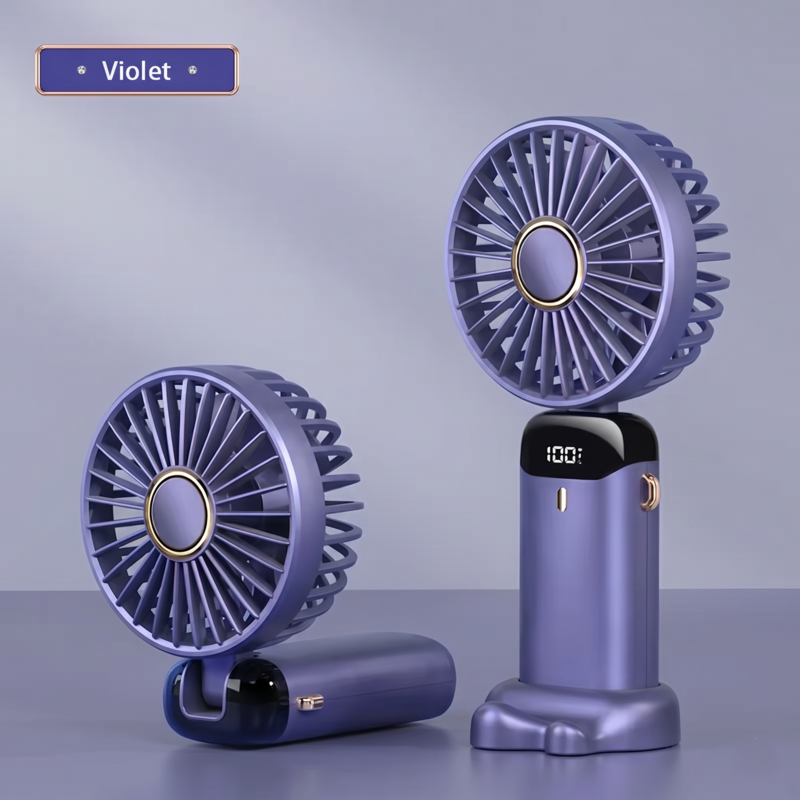 Violet purple Alphinea foldable portable neck hanging fan with built-in phone stand for travel comfort.