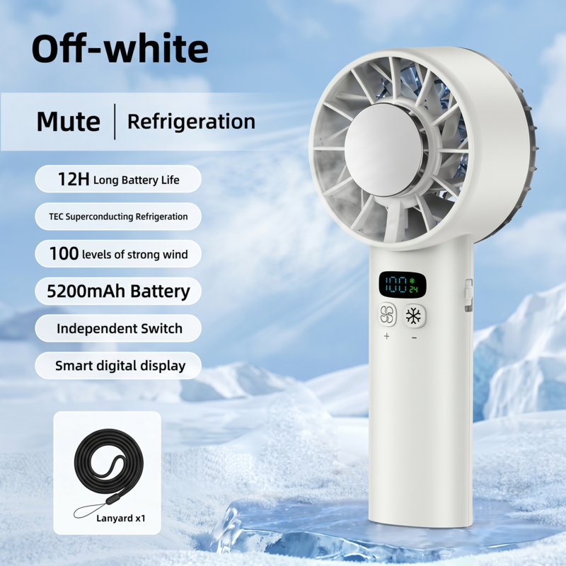 The Off-white variant of the Alphinea rechargeable desk fan, standing upright. The image details its sleek profile, smart digital display, and mute refrigeration features.