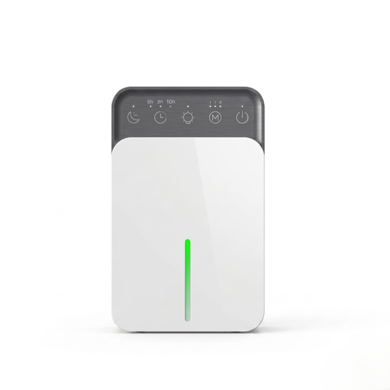 Front view of the sleek Alphinea 1.5L high-volume home dehumidifier featuring a modern white design and green LED indicator light.