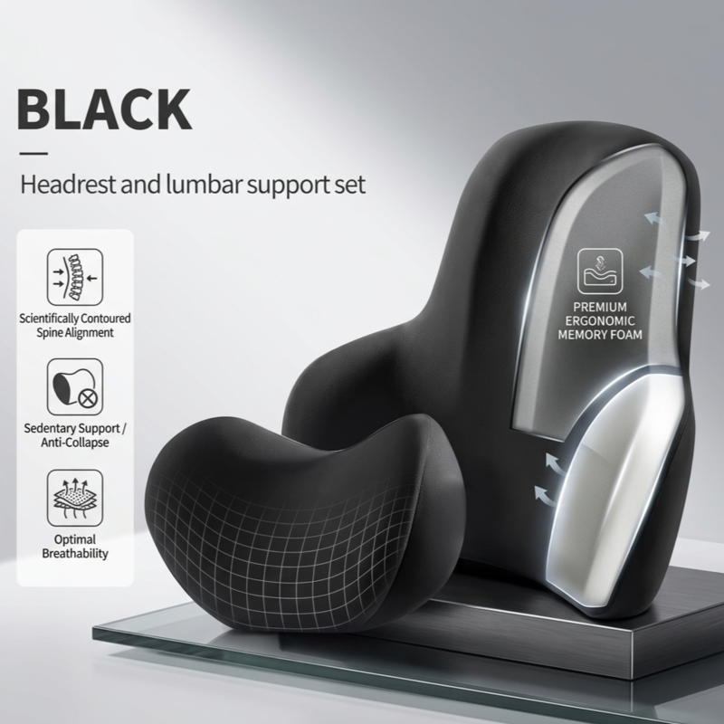 The black Alphinea Dual-Zone Automotive Comfort Suite displayed on a stand, featuring graphic callouts that highlight its premium memory foam core and breathable, heat-reducing design.