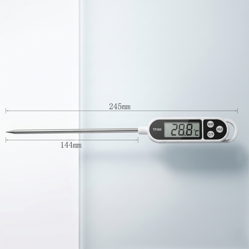 Abmessungen des Alphinea-Kochthermometers: Gesamtlänge 245 mm, 144 mm lange Edelstahl-Sensorsonde für sichere und gründliche Temperaturmessungen.