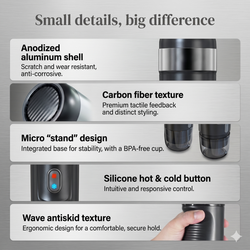 Gros plan sur les détails de conception de la machine à expresso portable Alphinea, mettant en évidence la coque en aluminium anodisé, la texture en fibre de carbone et les boutons de commande en silicone.