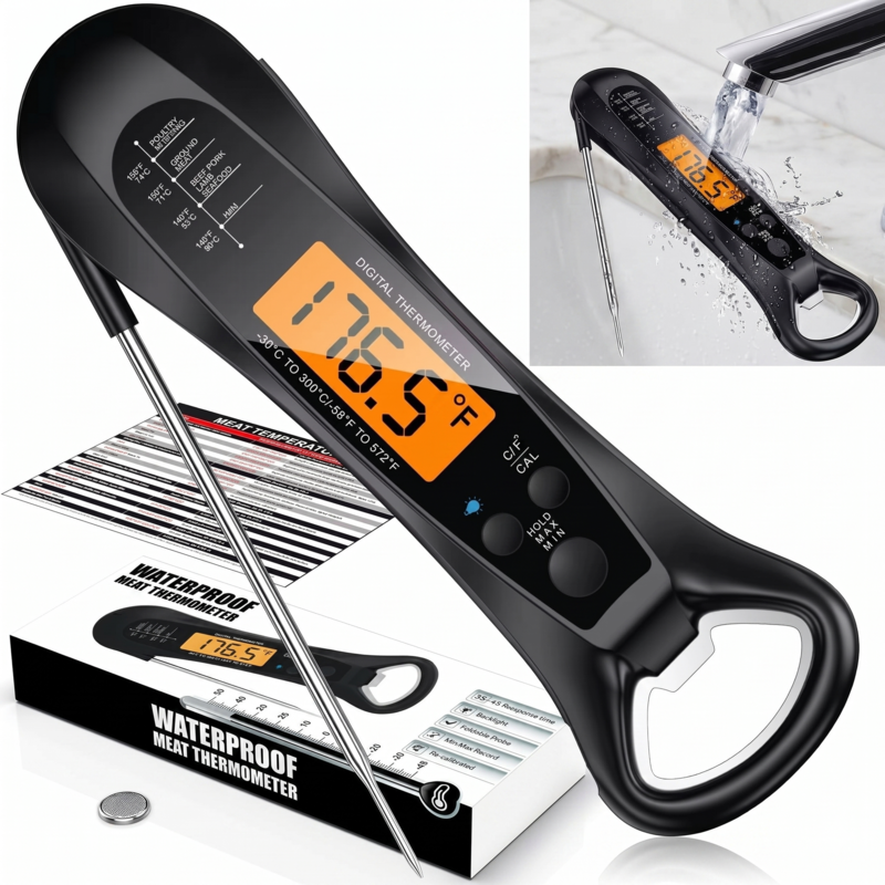 Alphinea folding probe digital meat thermometer displayed next to its premium box. Features a durable stainless steel sensor for precision cooking of beef, poultry, and BBQ.