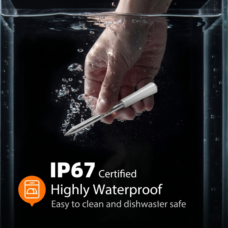Hand dipping the Alphinea meat thermometer probe into water, showcasing its IP67 industrial waterproofing and easy-to-clean design.