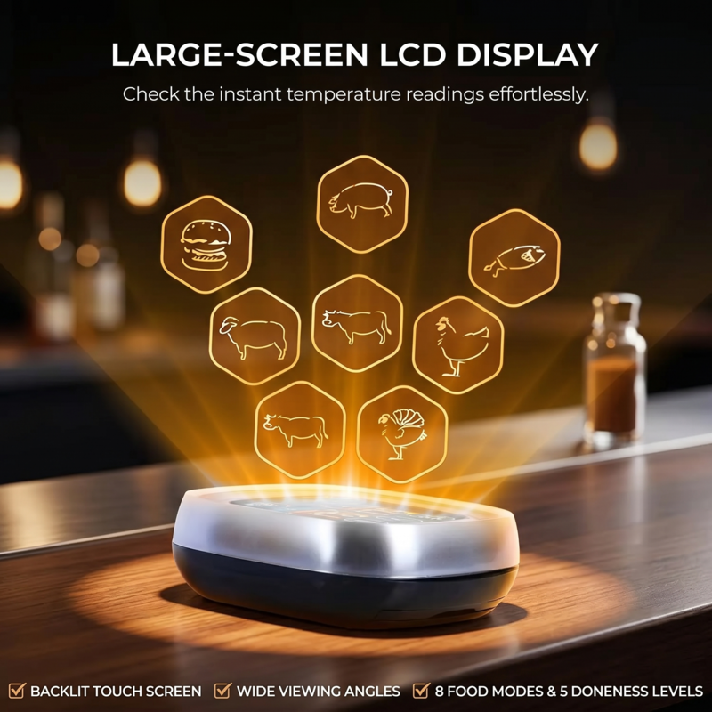 The Alphinea large-screen LCD display showcasing intuitive, glowing icons for different protein types to help chefs achieve perfect cooking targets for beef, poultry, and fish.