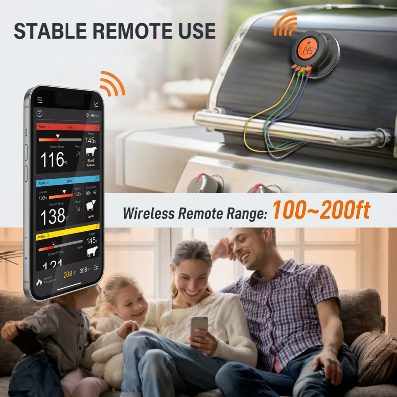 A family relaxing indoors while remotely monitoring their grill setup outside, showcasing the Alphinea thermometer's stable 100 to 200-foot wireless Bluetooth range.
