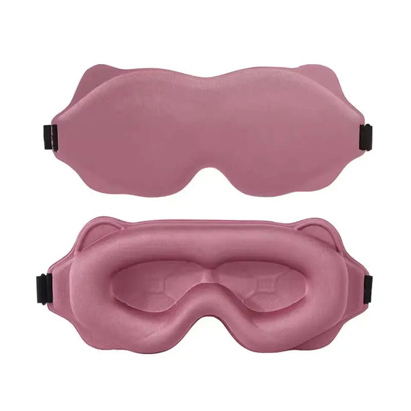 Vorder- und Rückansicht der hautfreundlichen rosa Alphinea-Schlafmaske mit therapeutischer Polsterung und tiefen 3D-Konturen, ideal für empfindliche Haut oder Wimpernverlängerungen.