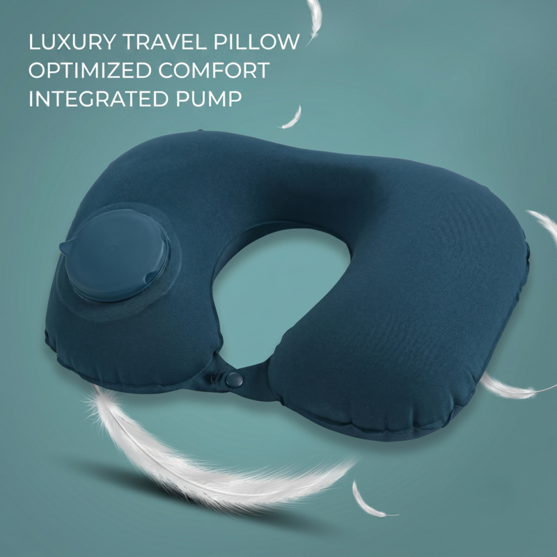 Oreiller de voyage gonflable de luxe bleu marine pour la nuque, rempli de plumes, offrant un confort optimal et une pompe de gonflage intégrée à bouton-poussoir.