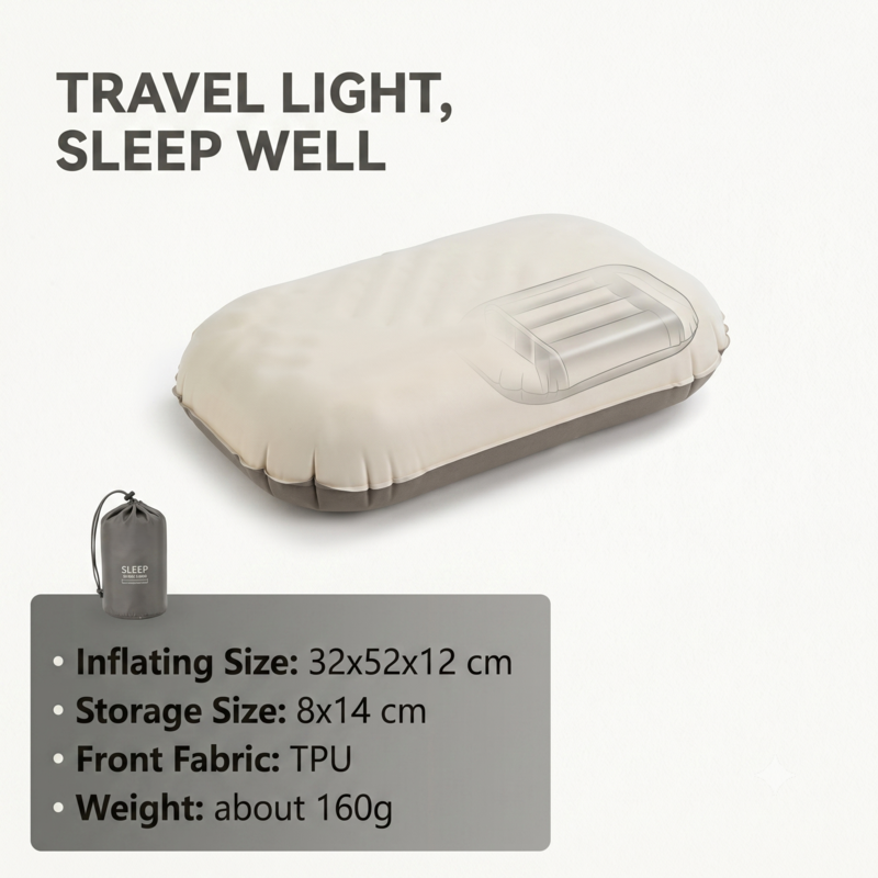 Vue en angle du confortable oreiller gonflable portable Alphinea et de son sac de transport compact à cordon, conçu pour vous aider à voyager léger et à bien dormir.
