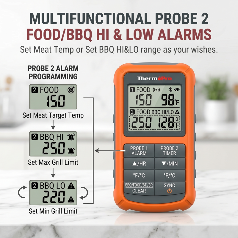 Close-up of the Alphinea high-contrast backlit interface displaying intelligent programmable alerts, showcasing how to set custom high and low BBQ temperature targets for slow-smoking.