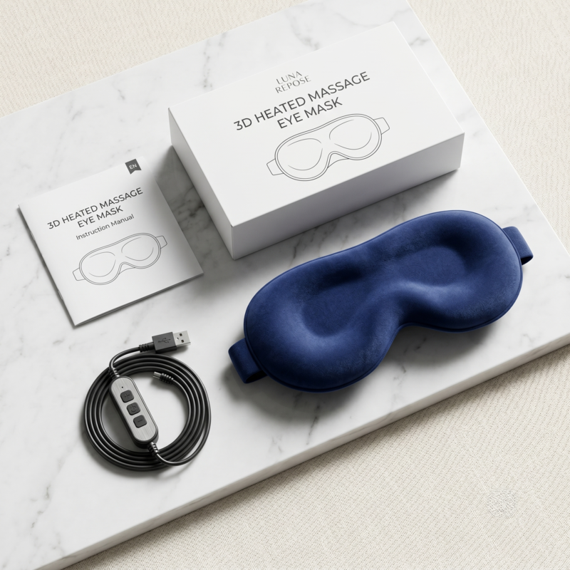 Déballage du masque de massage pour les yeux Alphinea Revive : présentation du masque 3D bleu marine, du câble de commande intelligent, du manuel d’instructions et de la boîte d’emballage de la marque.
