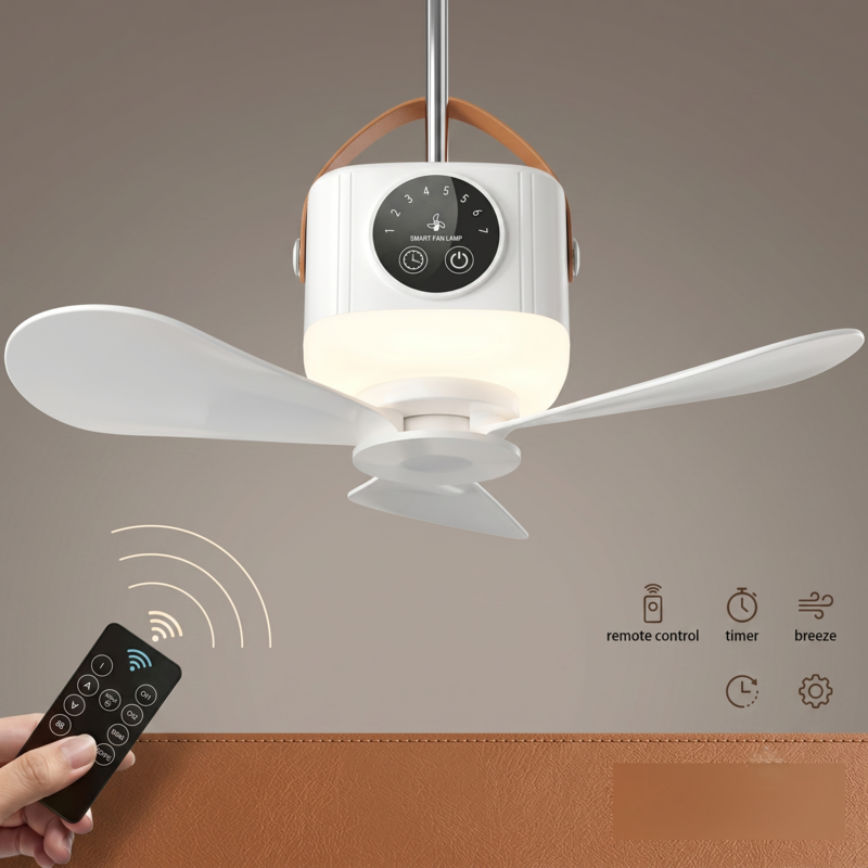 Gros plan sur le ventilateur suspendu Alphinea illustrant la portée du signal sans fil de sa télécommande incluse.
