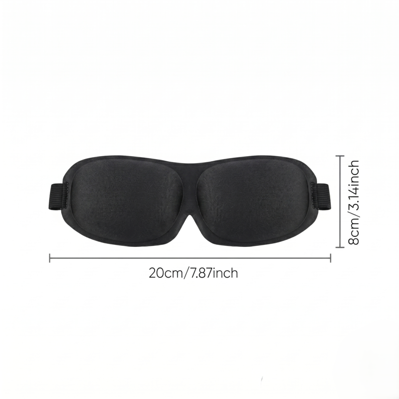 Size dimensions of the black Alphinea 3D sleep mask, measuring 20 centimeters wide and 8 centimeters high for a perfectly proportioned, low-profile fit.