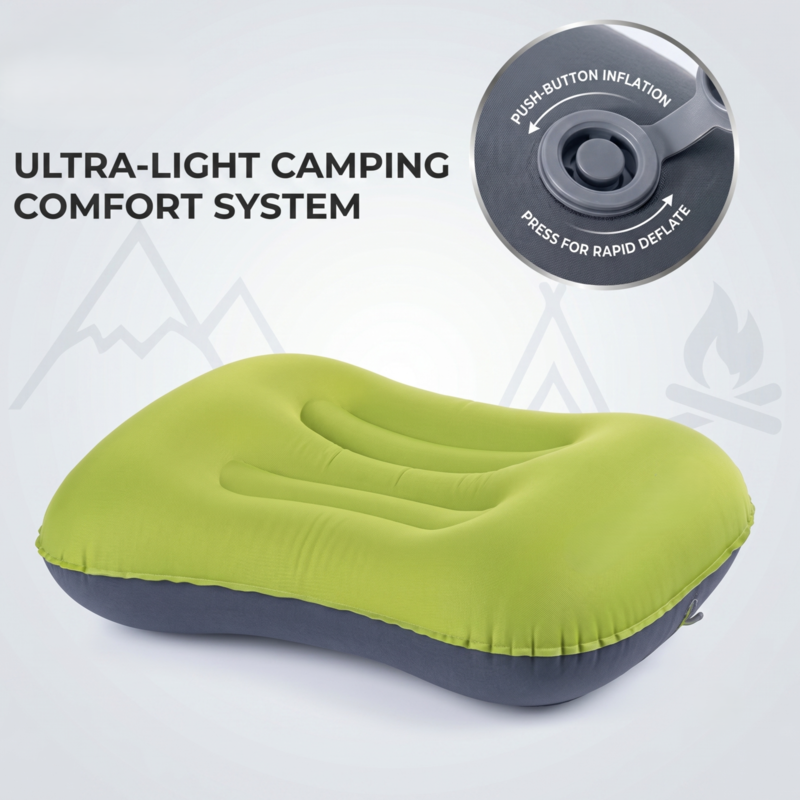Olivgrünes, ultraleichtes Alphinea-Camping-Komfortkissen mit manuellem Aufblasventil vor einem dezenten Hintergrund mit Bergmotiv.