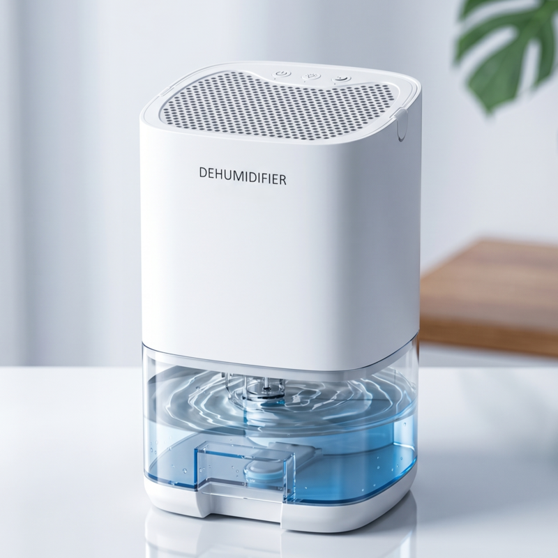 Sleek white Alphinea compact dehumidifier operating silently on a modern desk, engineered for undisturbed deep sleep and optimal humidity control in the bedroom.