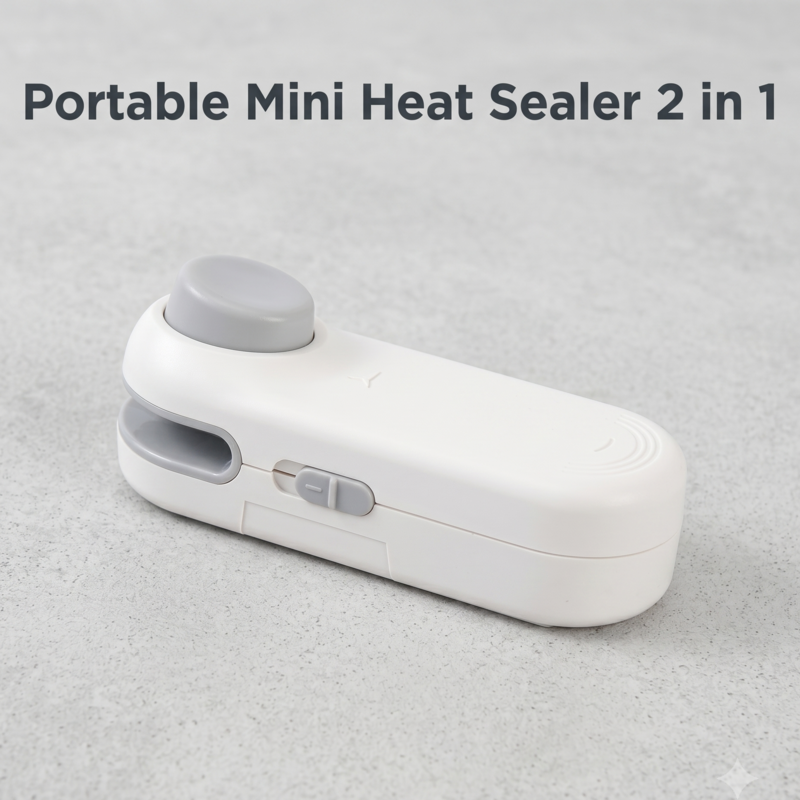 Mini scelleuse thermique portable Alphinea blanche minimaliste 2 en 1, posée sur une surface grise texturée, idéale pour un rangement esthétique dans la cuisine.