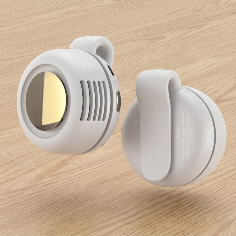 White Retailark Mini Whirlwind snap-on waist fan sitting on a marble surface, showcasing its modern aesthetic and portable design.