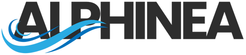 Alphinea logo with a blue wave design on a white background