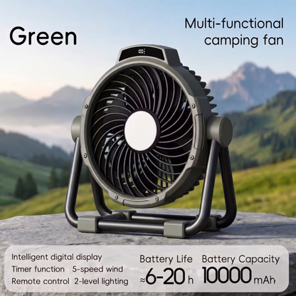 Alphinea 10000mAh rechargeable tent fan in Green with intelligent digital display and timer function.