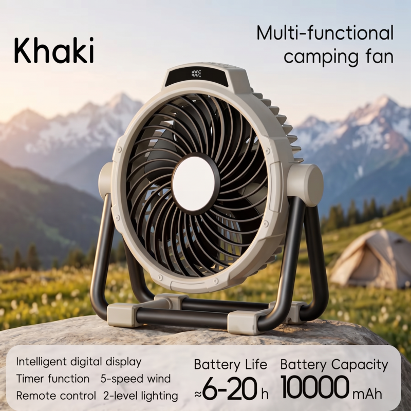 Alphinea multi-functional camping fan in Khaki with 10000mAh battery and 6-20 hour battery life.