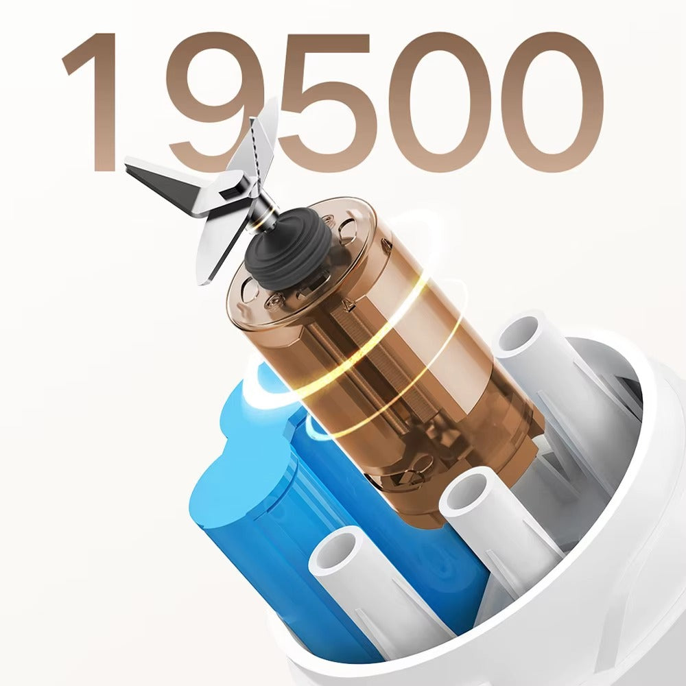 3D cutaway illustration of the Alphinea portable blender's internal mechanics, highlighting the industrial-grade 19,500 RPM high-torque motor and stainless steel blades for rapid blending.