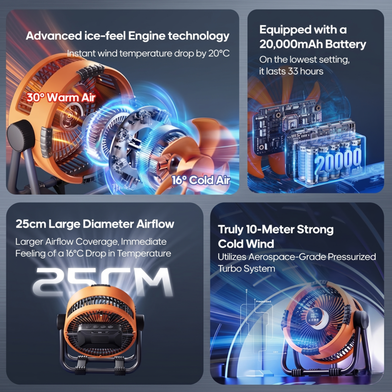 Technical specifications of Alphinea camping fan featuring 20000mAh battery and aircraft engine turbine technology.