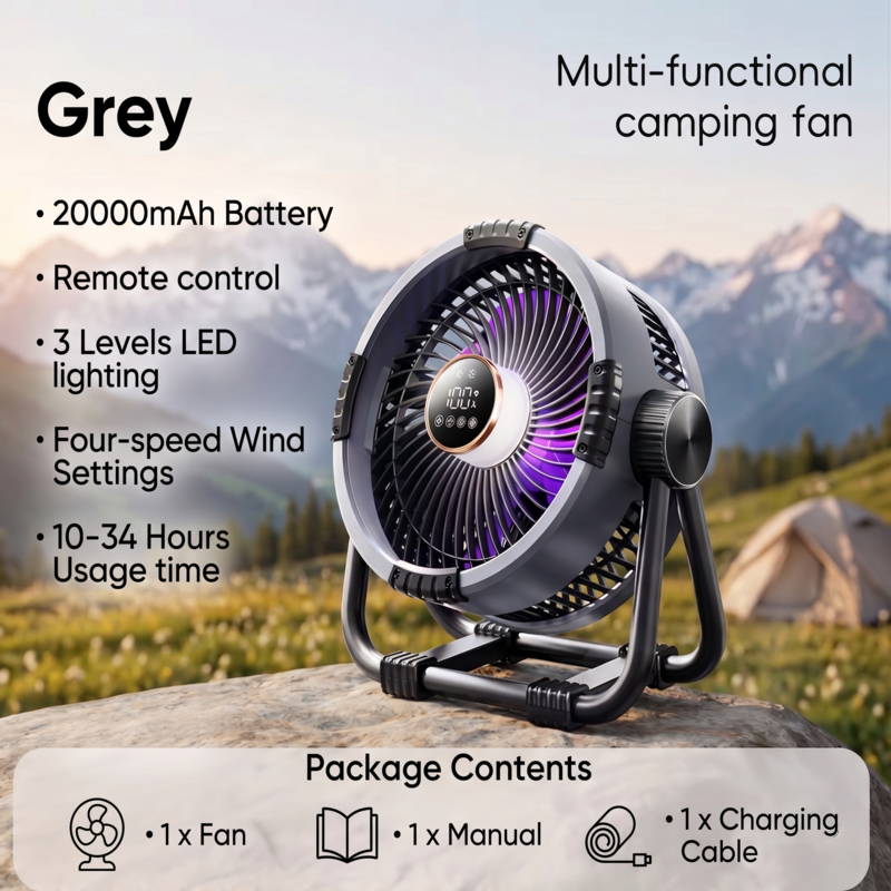 Alphinea high-capacity 20000mAh camping fan in Grey featuring 3 levels of LED lighting and remote control