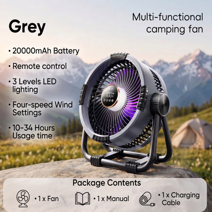 Alphinea high-capacity 20000mAh camping fan in Grey featuring 3 levels of LED lighting and remote control