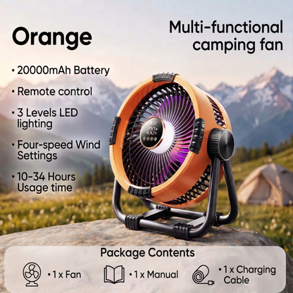 Alphinea portable outdoor fan in Orange with 20000mAh battery and four-speed wind settings.