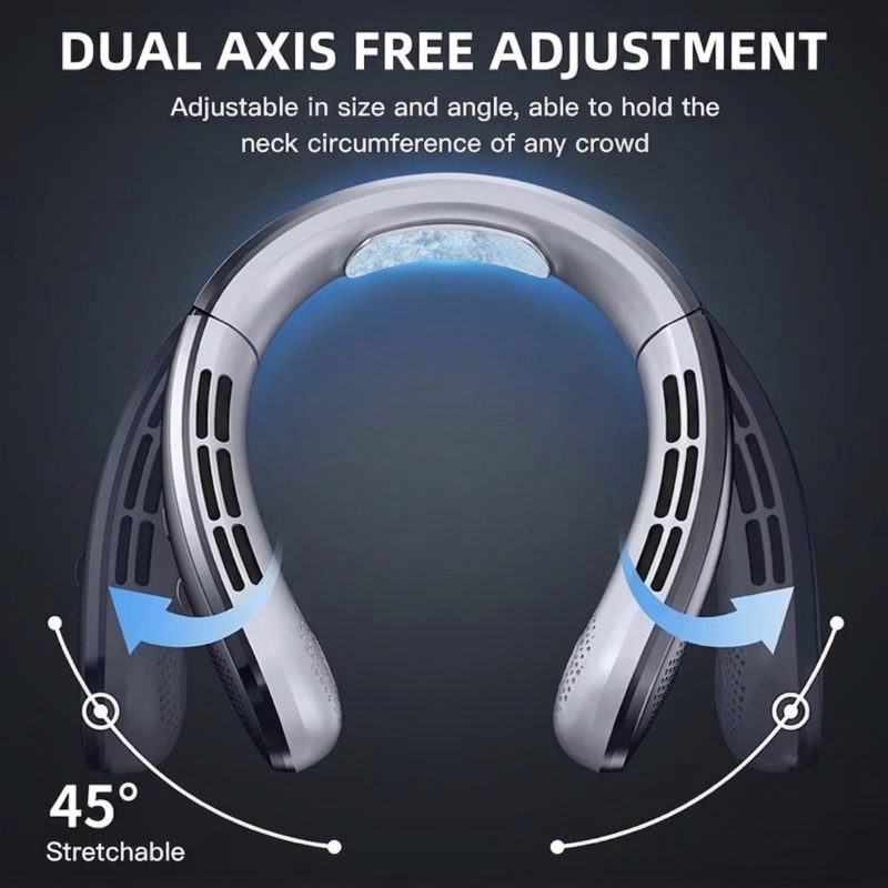 Infographic showing the 45-degree dual-axis free adjustment for a comfortable fit on any neck size.