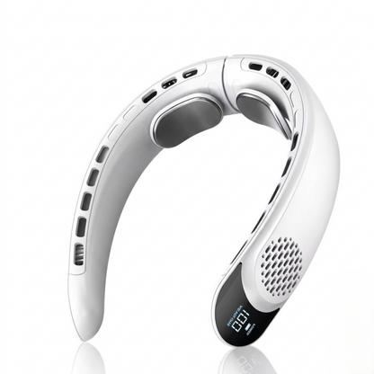 Crisp white bladeless neck fan showing sleek clinical design and high-capacity battery power indicator.
