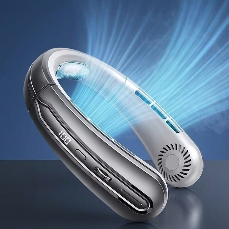 Front view of a sleek wearable personal air cooler fan with glowing blue LED accents and powerful airflow visualization.