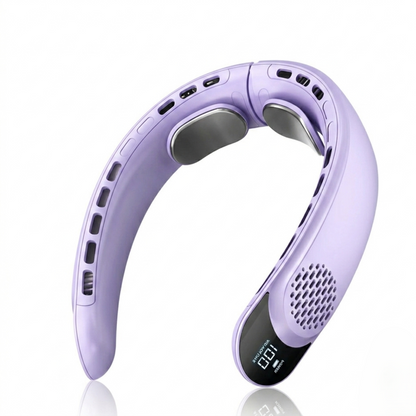 Modern lavender purple portable neck fan with LED digital battery display and adjustable ergonomic design.