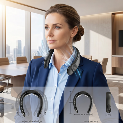 Professional woman wearing a grey portable neck fan in an office setting demonstrating the sleek, low-profile design.