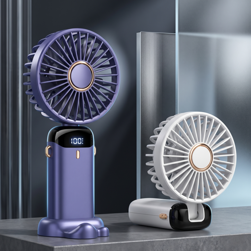 Alphinea USB handheld mini fan in purple and white, showing the 100% digital battery display and foldable desk-standing capability.