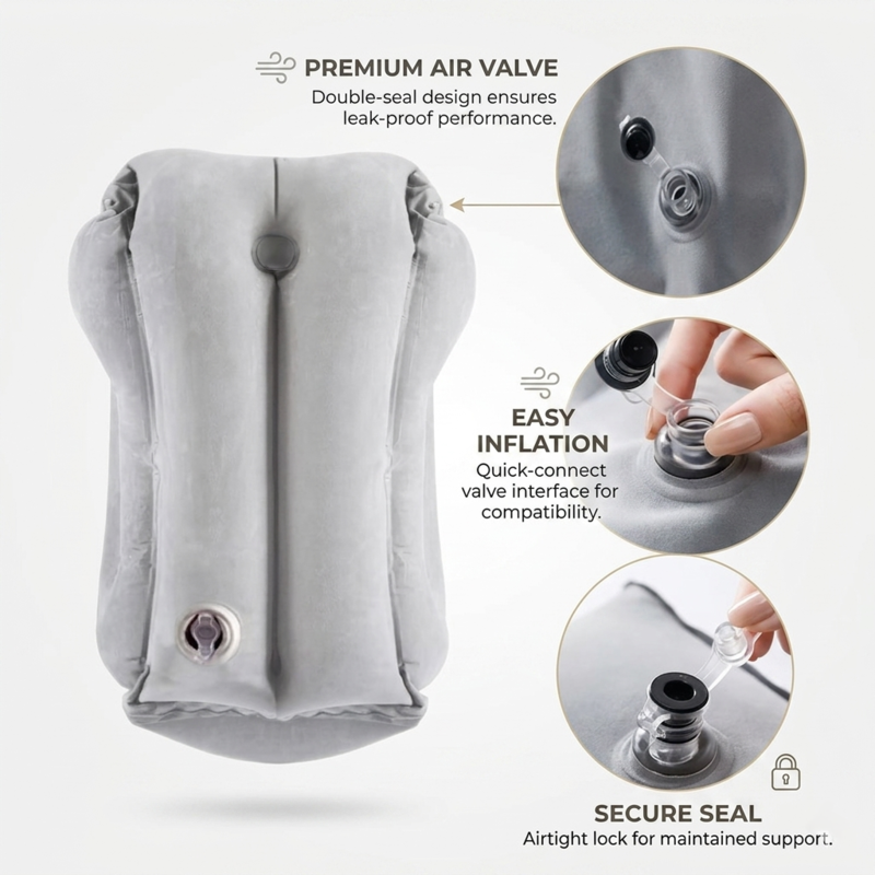 Detailed close-up images of the Alphinea travel pillow's adjustable air valve. The graphic highlights the double-seal design for leak-proof performance, a quick-connect interface for easy inflation, and a secure airtight seal allowing users to customize from soft-cushioning to firm orthopedic support.