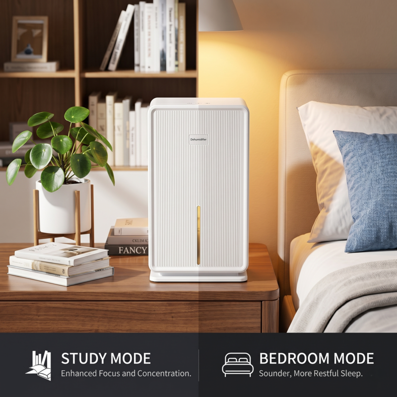White Alphinea electric dehumidifier placed on a wooden bedside table, highlighting the optimized Study Mode and Bedroom Mode for precision indoor climate control.