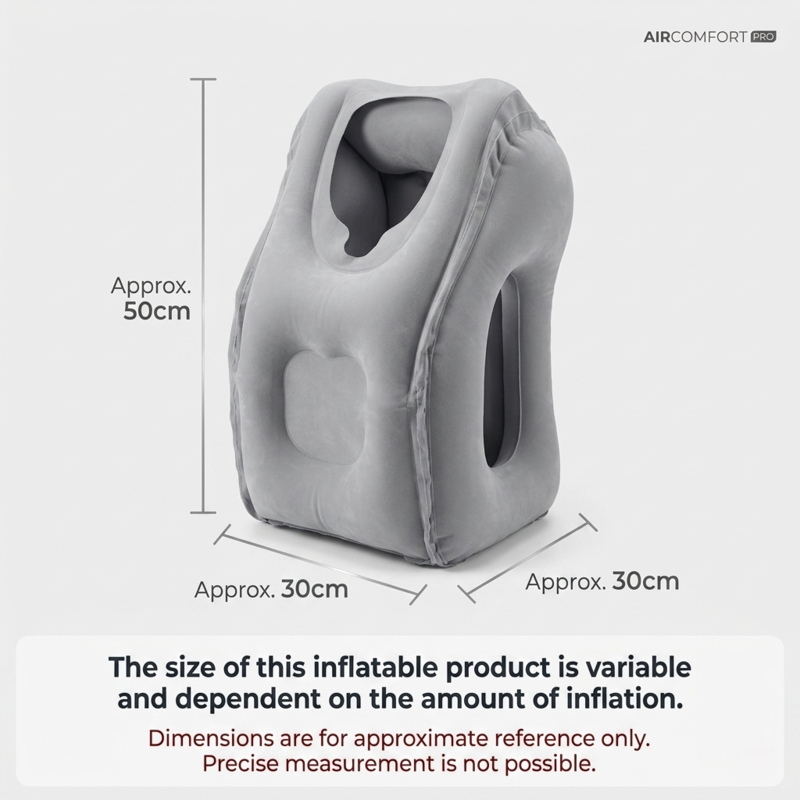 A product diagram showing the dimensions of the fully inflated grey Alphinea travel pillow. It features measurements indicating it is approximately 50 centimeters tall, 30 centimeters wide, and 30 centimeters deep, visually displaying the forward-leaning contour designed for 360-degree stability.
