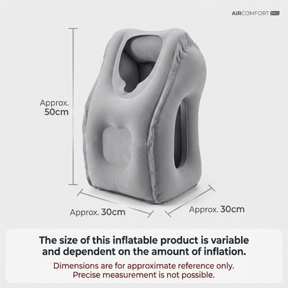 A product diagram showing the dimensions of the fully inflated grey Alphinea travel pillow. It features measurements indicating it is approximately 50 centimeters tall, 30 centimeters wide, and 30 centimeters deep, visually displaying the forward-leaning contour designed for 360-degree stability.