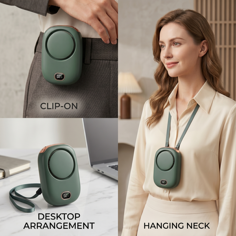 Demonstration des Alphinea-Ventilators als Hüftclip-Ventilator, Tischventilator mit Ständer und Nackenventilator.