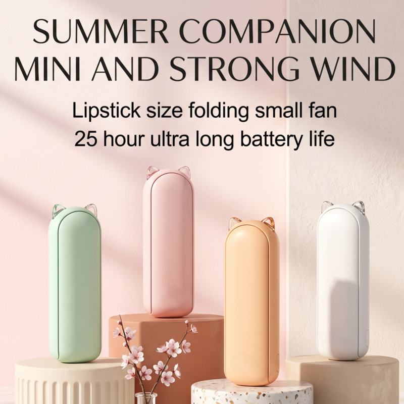 Four Alphinea portable fans in green, pink, peach, and white, folded completely into a compact, lipstick-sized shape