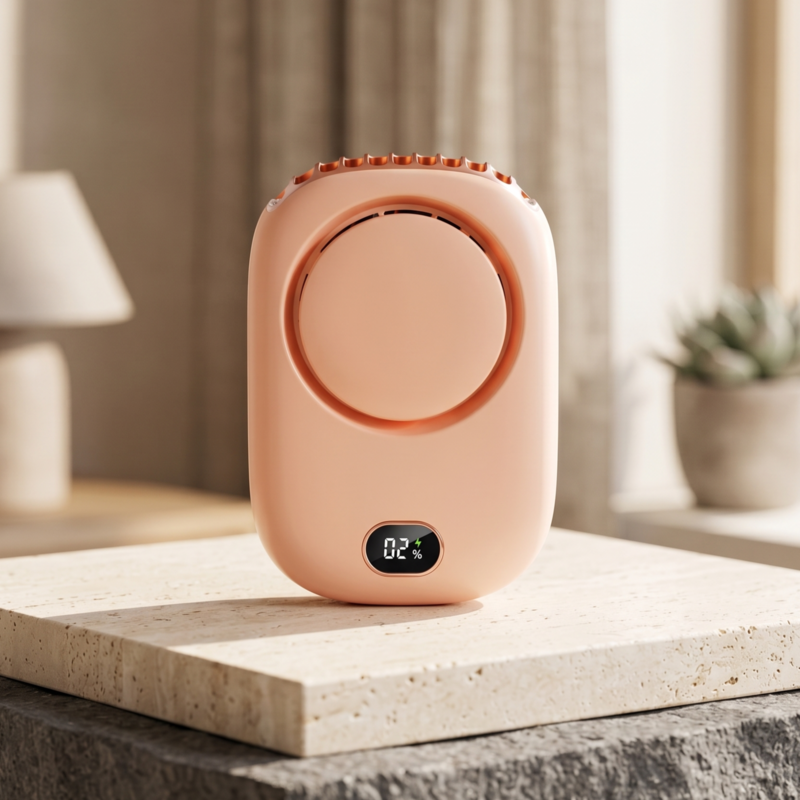 Der tragbare Ventilator Alphinea in zartrosa Farbe mit roségoldenen Zierelementen und digitaler Betriebsanzeige.