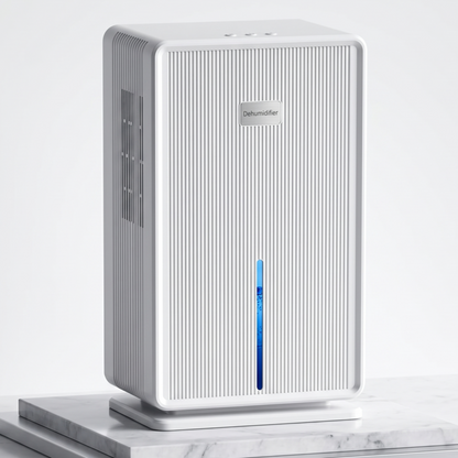Front view of the white Alphinea high-performance compressor dehumidifier, showcasing its sleek ribbed design, active mold eradication technology, and blue indicator light.