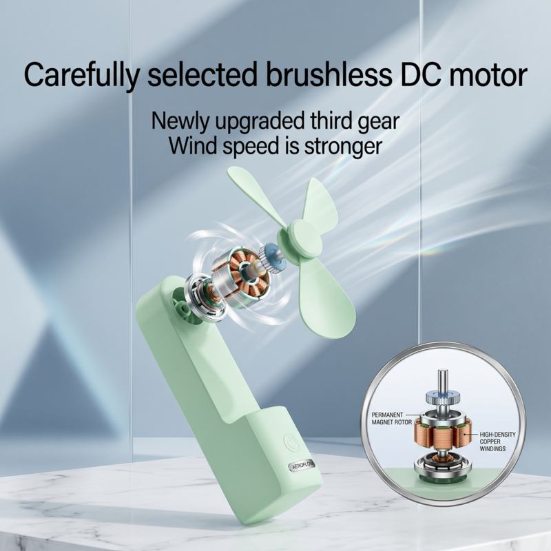 A green Alphinea handheld fan partially unfolded, featuring a cutaway graphic showing the internal high RPM brushless DC motor