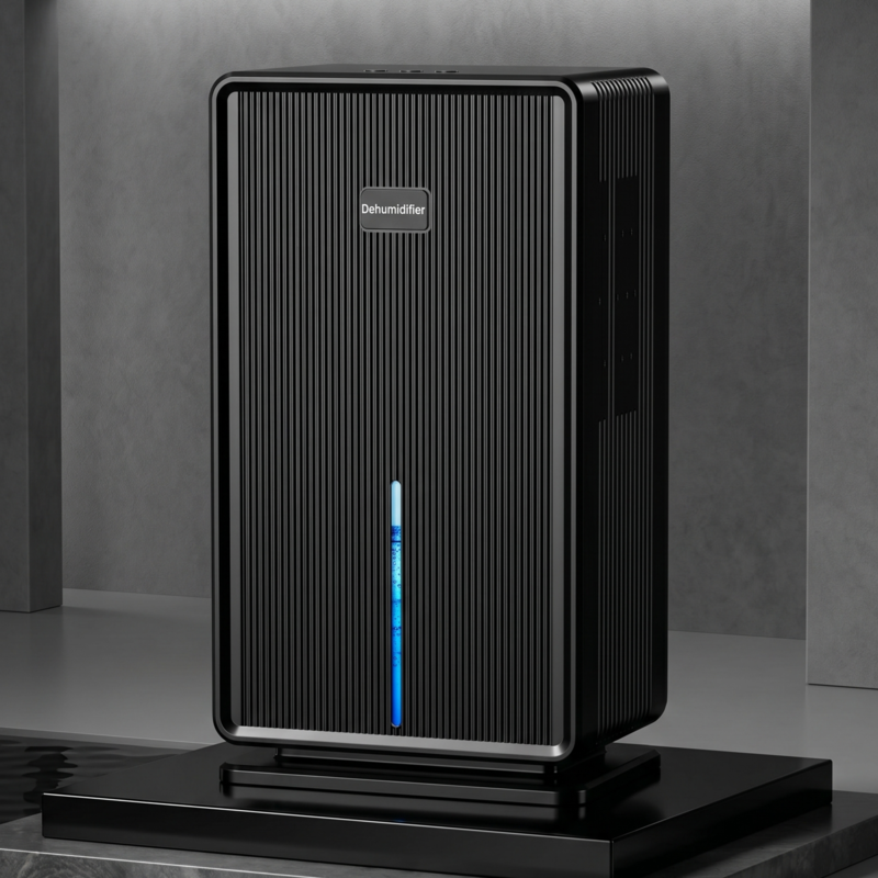 Front view of the black Alphinea high-capacity compressor dehumidifier, engineered for basements and high-humidity environments, featuring a modern ribbed exterior and blue LED indicator.