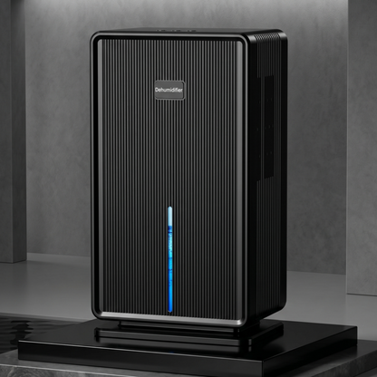 Front view of the black Alphinea high-capacity compressor dehumidifier, engineered for basements and high-humidity environments, featuring a modern ribbed exterior and blue LED indicator.