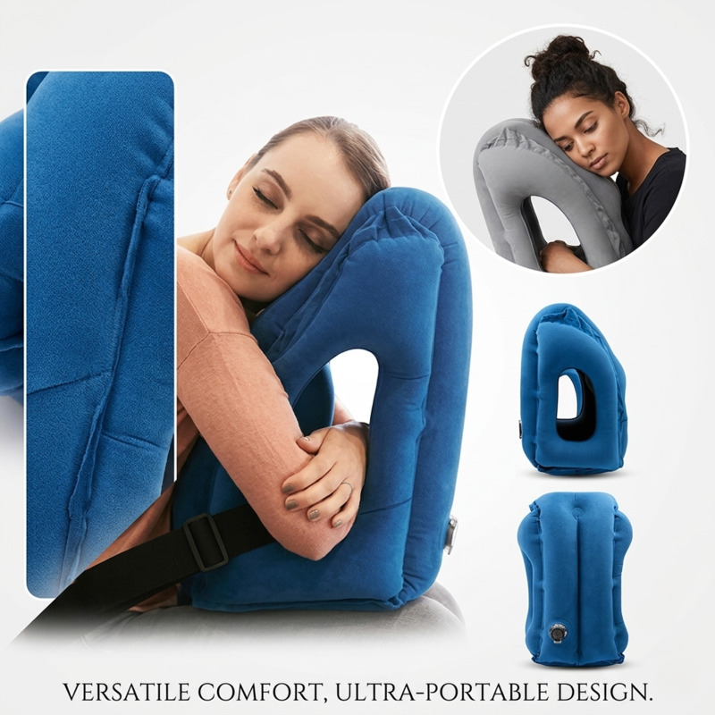 A woman sleeping comfortably by leaning forward into a blue Alphinea inflatable travel pillow, resting her face in the center cutout. The image features the text "Versatile Comfort, Ultra-Portable Design," highlighting the pillow's chin-cradle architecture. It includes a smaller inset of a woman using a grey version, along with front and side profile shots of the blue pillow.