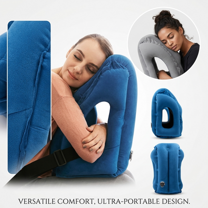 A woman sleeping comfortably by leaning forward into a blue Alphinea inflatable travel pillow, resting her face in the center cutout. The image features the text "Versatile Comfort, Ultra-Portable Design," highlighting the pillow's chin-cradle architecture. It includes a smaller inset of a woman using a grey version, along with front and side profile shots of the blue pillow.